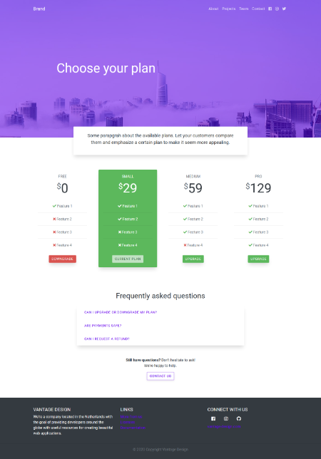Screenshot of pricing page